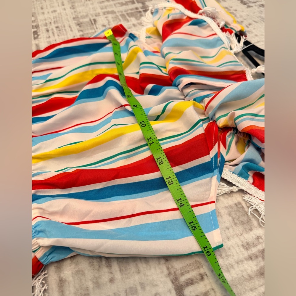 XOXO Off Shoulder Multicolor Striped High Low Maxi Dress Tassle Trim Boho Size M - Picture 11 of 11